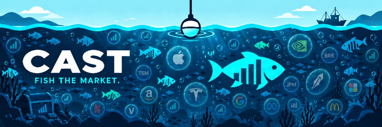 CAST — Fish the market. An illustrated turquoise ocean filled with fish and stock symbols.